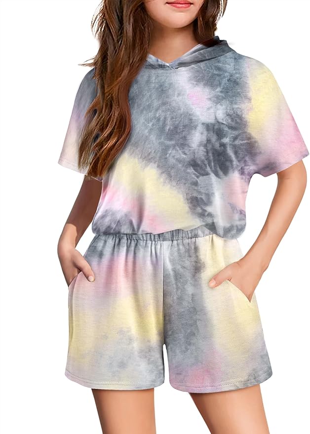 Arshiner Girls Tie Dye Two Piece Outfit Short Sleeve Pullover Crop Tops and Short Pants Sweatsuits Tracksuits gallery image