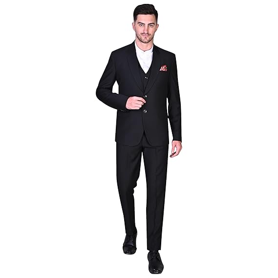 FINERFITS Mens Self Design Formal Three Piece Set Mens Wedding Suit, Suit for Engagement, Mens Suit for Office Wearing Suit for Mens Viscose Material All Season Suit (S, Black 155) gallery image