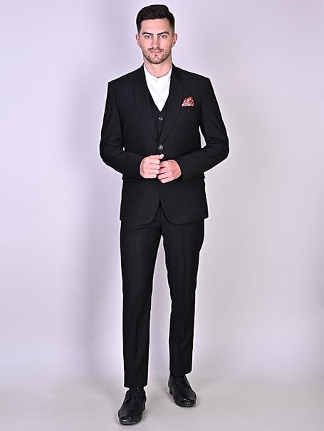 FINERFITS Mens Self Design Formal Three Piece Set Mens Wedding Suit, Suit for Engagement, Mens Suit for Office Wearing Suit for Mens Viscose Material All Season Suit (S, Black 155) main image