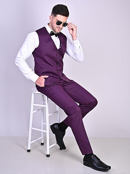 FINERFITS Mens Self Design Formal Three Piece Set Mens Wedding Suit, Suit for Engagement, Mens Suit for Office Wearing Suit for Mens Viscose Material All Season Suit (S, Purple 198) gallery image