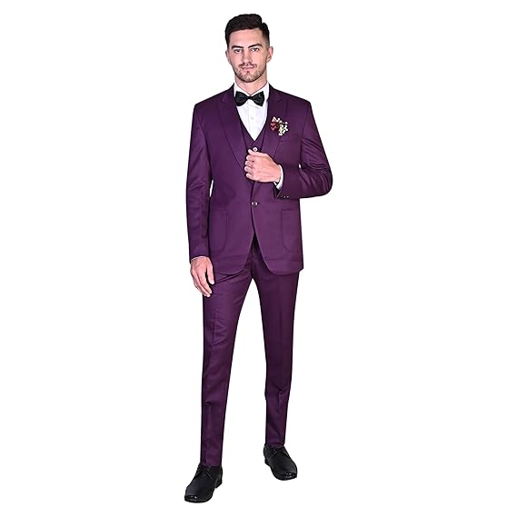 FINERFITS Mens Self Design Formal Three Piece Set Mens Wedding Suit, Suit for Engagement, Mens Suit for Office Wearing Suit for Mens Viscose Material All Season Suit (S, Purple 198) main image