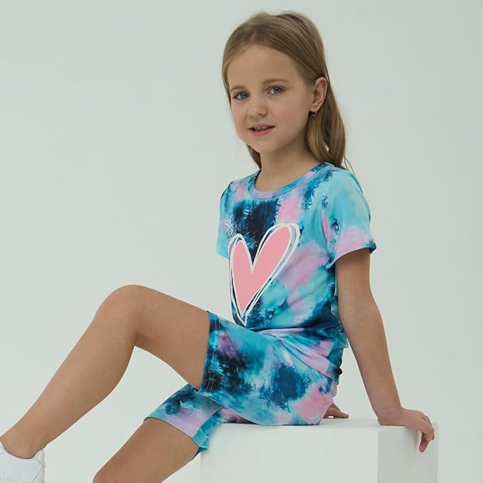 Kids Girl Clothes Tie Dye Heart Print Short Sleeve Top and Shorts Toddler Girl Summer Outfits Short Set gallery image