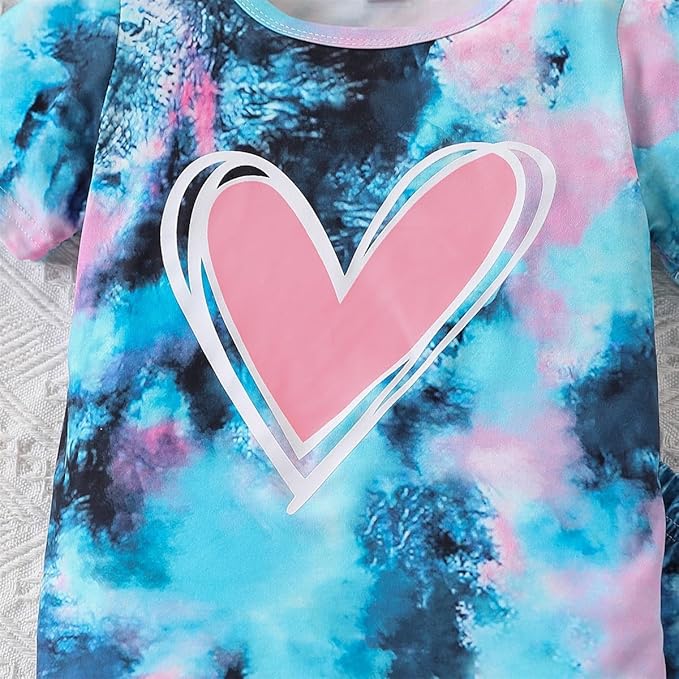 Kids Girl Clothes Tie Dye Heart Print Short Sleeve Top and Shorts Toddler Girl Summer Outfits Short Set gallery image
