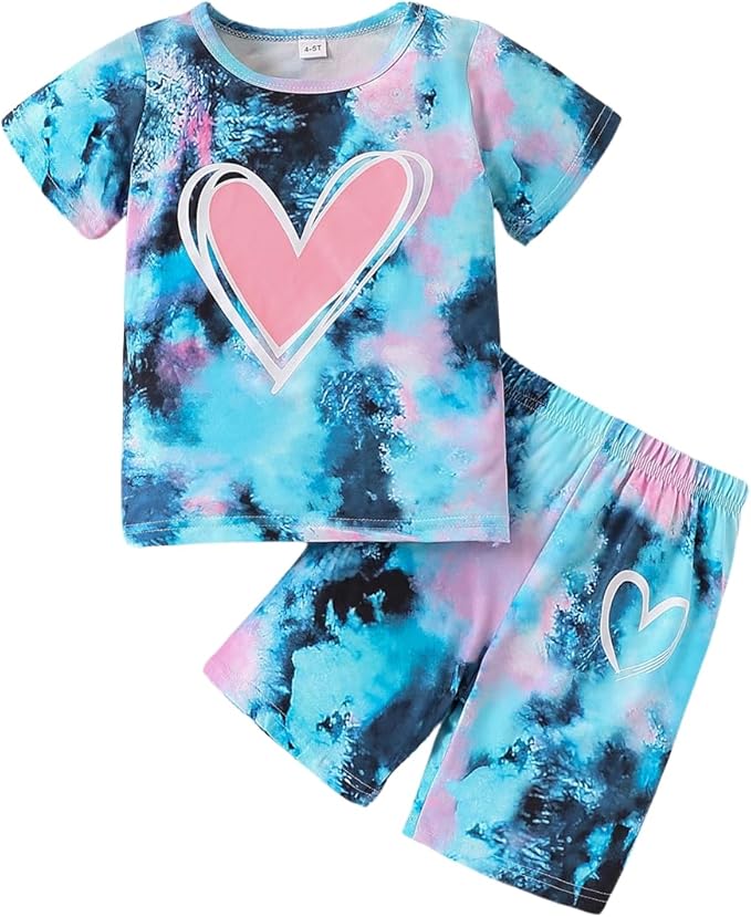 Kids Girl Clothes Tie Dye Heart Print Short Sleeve Top and Shorts Toddler Girl Summer Outfits Short Set main image