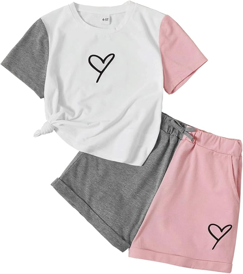 Kids Toddler Girl Clothes Outfits Color Clash Short Sleeve Heart Print Tops Summer Shorts Set gallery image