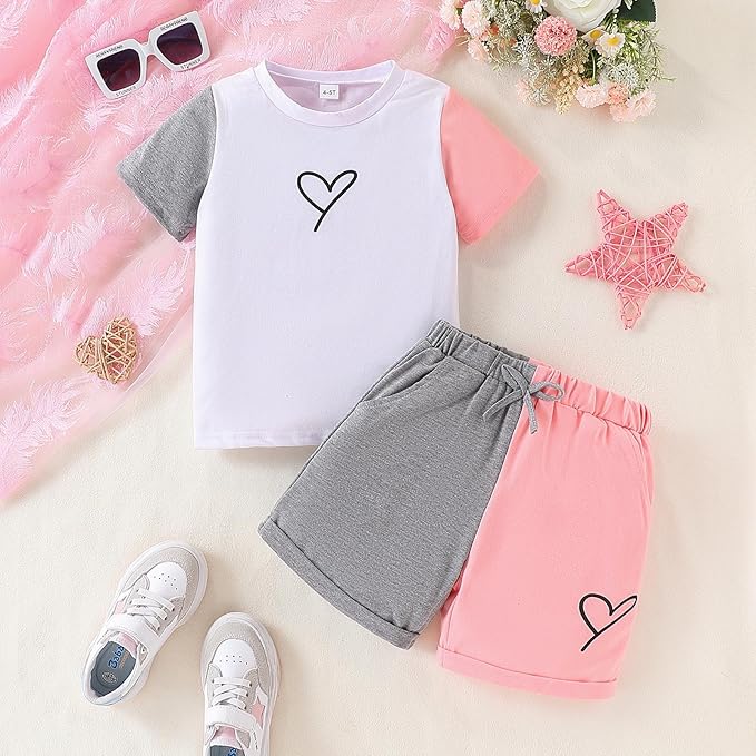 Kids Toddler Girl Clothes Outfits Color Clash Short Sleeve Heart Print Tops Summer Shorts Set gallery image