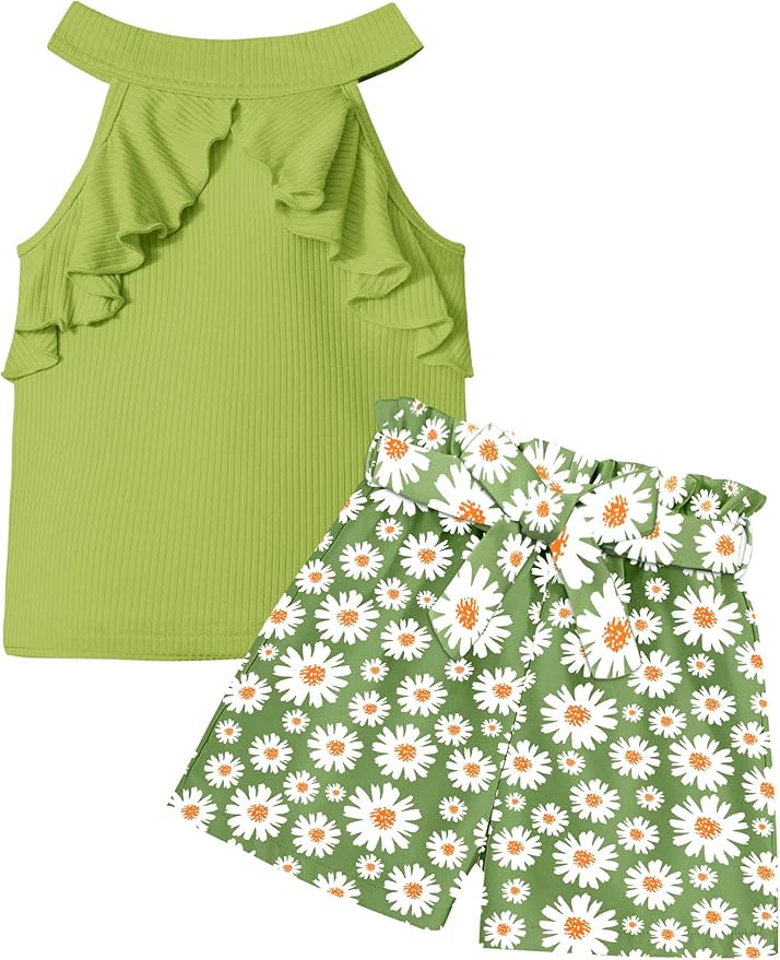 MIGU Girls Clothes Summer Halter Neck Ruffle Sleeveless Top Fashion Cute Floral Belt Shorts Two Piece Outfit gallery image