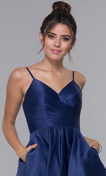 Spaghetti Straps V Neck A Line Long Evening Dress for Women Formal Prom Party Gown Ruched Bodice Navy Blue Size 12 gallery image