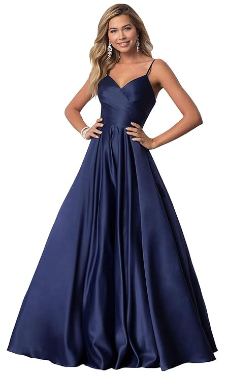Spaghetti Straps V Neck A Line Long Evening Dress for Women Formal Prom Party Gown Ruched Bodice Navy Blue Size 12 gallery image