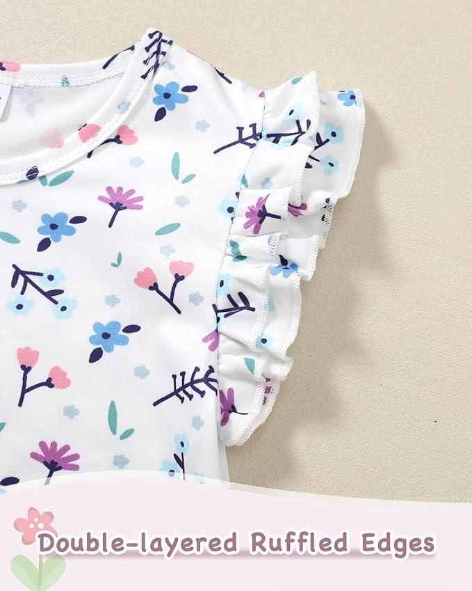 WESIDOM Toddler Girl Clothes Ruffle Short Sleeve Floral Top+Solid Color Overall Shorts 18M-6T Toddler Girls Outfits gallery image