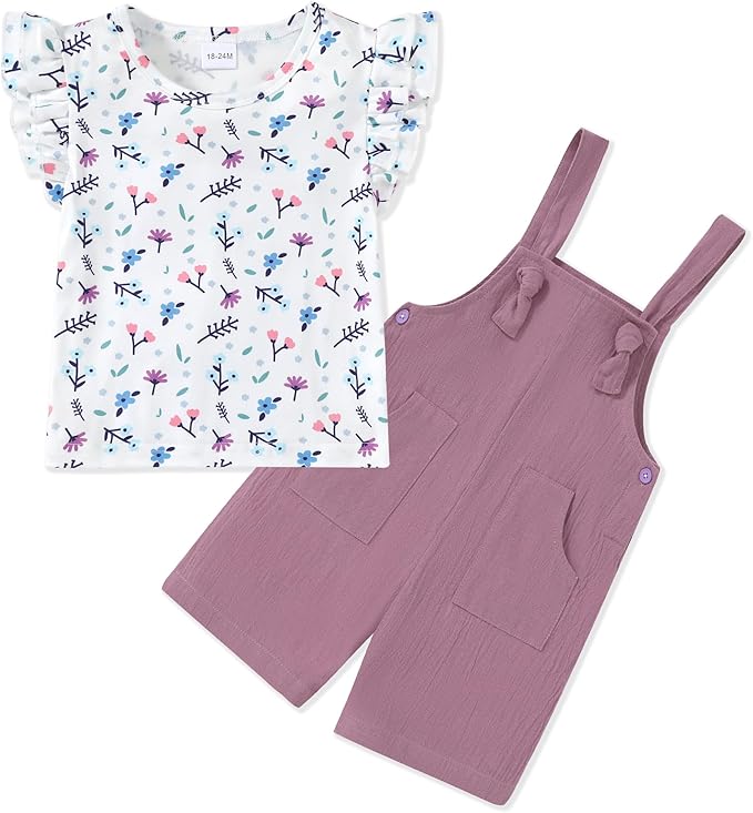 WESIDOM Toddler Girl Clothes Ruffle Short Sleeve Floral Top+Solid Color Overall Shorts 18M-6T Toddler Girls Outfits main image
